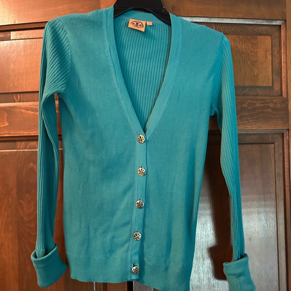 Tory Burch Turquoise Button-Up Cardigan, size small has some stretch.